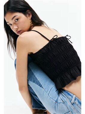 H&M Smocked Tie-strap Ruffle Camisole Top in Black Size XS